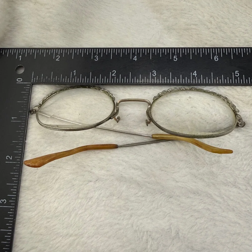 Vintage Eyeglasses Silver Tone Floral Engraved Oval Frame USA